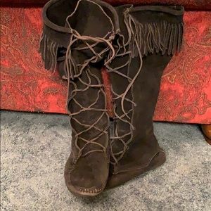 Vintage knee high black suede moccasins